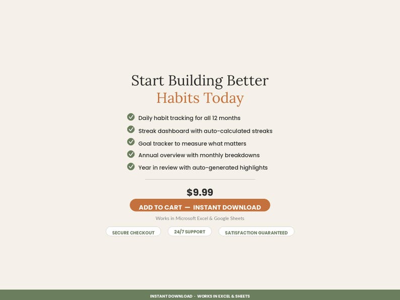 K&ouml;nnte beinhalten: Eine digitale Gewohnheits-Tracker-Vorlage f&uuml;r Microsoft Excel und Google Sheets mit dem Titel Start Building Better Habits Today. Funktionen umfassen t&auml;gliches Tracking, ein Streak-Dashboard, Zielverfolgung, Jahres&uuml;bersicht und einen Jahresr&uuml;ckblick.
