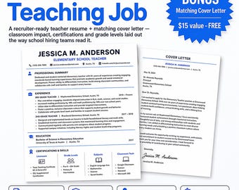 Teacher Resume Template Word Google Docs | Educator CV & Matching Cover Letter | Elementary Teaching, ATS Editable