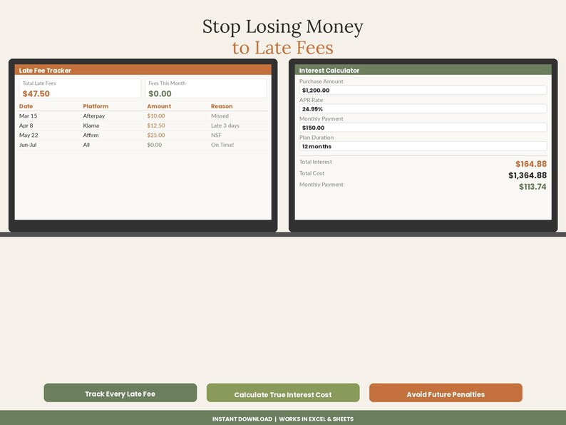 May include: A digital financial planning tool featuring a Late Fee Tracker and Interest Calculator. The interface displays tables for tracking fees and calculating interest costs, with buttons labeled Track Every Late Fee, Calculate True Interest Cost, and Avoid Future Penalties. The text reads Stop Losing Money to Late Fees, Instant Download, and Works in Excel & Sheets.