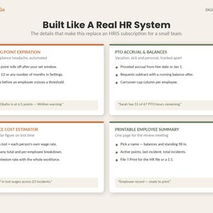 May include: A digital download titled Built Like A Real HR System by ReadySheetGo. The layout features four sections: Rolling Point Expiration, PTO Accrual & Balances, Absence Cost Estimator, and Printable Employee Summary with bulleted lists.