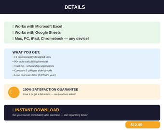 Scholarship Tracker Spreadsheet | College Financial Aid Planner Excel Google Sheets | FAFSA Award Letter Comparison Template