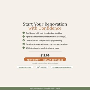 K&ouml;nnte beinhalten: Eine digitale Renovierungsplaner-Vorlage mit dem Text Start Your Renovation with Confidence, einem Dashboard zur Budgetverfolgung, sieben Raumvorlagen, Protokollen f&uuml;r Auftragnehmerangebote, einem Zeitplaner und einem ROI-Rechner f&uuml;r Excel und Sheets.