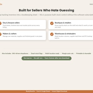May include: A digital download inventory management spreadsheet titled ReadySheetGo. The page features the text Built for Sellers Who Hate Guessing, listing benefits for Etsy, Amazon, boutiques, makers, and warehouses, plus features like SKU-driven dropdowns and margin auto-calc.