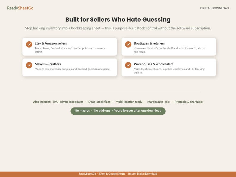 May include: A digital download inventory management spreadsheet titled ReadySheetGo. The page features the text Built for Sellers Who Hate Guessing, listing benefits for Etsy, Amazon, boutiques, makers, and warehouses, plus features like SKU-driven dropdowns and margin auto-calc.