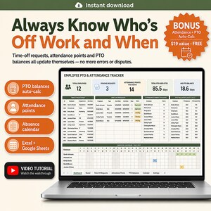 Employee PTO Tracker | Attendance Points, Leave Balances (Excel Google Sheets) | Vacation Days, Sick Leave, Staff Absence Tracker for HR image 1