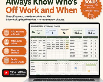 Employee PTO Tracker | Attendance Points, Leave Balances (Excel Google Sheets) | Vacation Days, Sick Leave, Staff Absence Tracker for HR