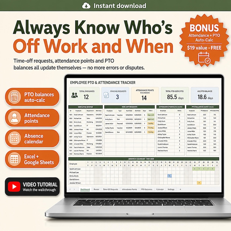 Employee PTO Tracker | Attendance Points, Leave Balances (Excel Google Sheets) | Vacation Days, Sick Leave, Staff Absence Tracker for HR image 1