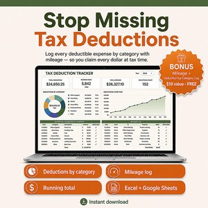 Tax Deduction Tracker Spreadsheet 2026, Small Business & Self Employed 1099 Write Off Log | Schedule C Quarterly Estimated Tax Template image 1