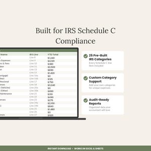 Puede incluir: Una interfaz de hoja de c&aacute;lculo digital titulada Built for IRS Schedule C Compliance, que muestra una tabla de 20 categor&iacute;as de gastos con n&uacute;meros de l&iacute;nea del IRS y totales YTD. Tres cuadros destacan 25 categor&iacute;as preestablecidas del IRS, soporte para categor&iacute;as personalizadas e informes listos para auditor&iacute;a.