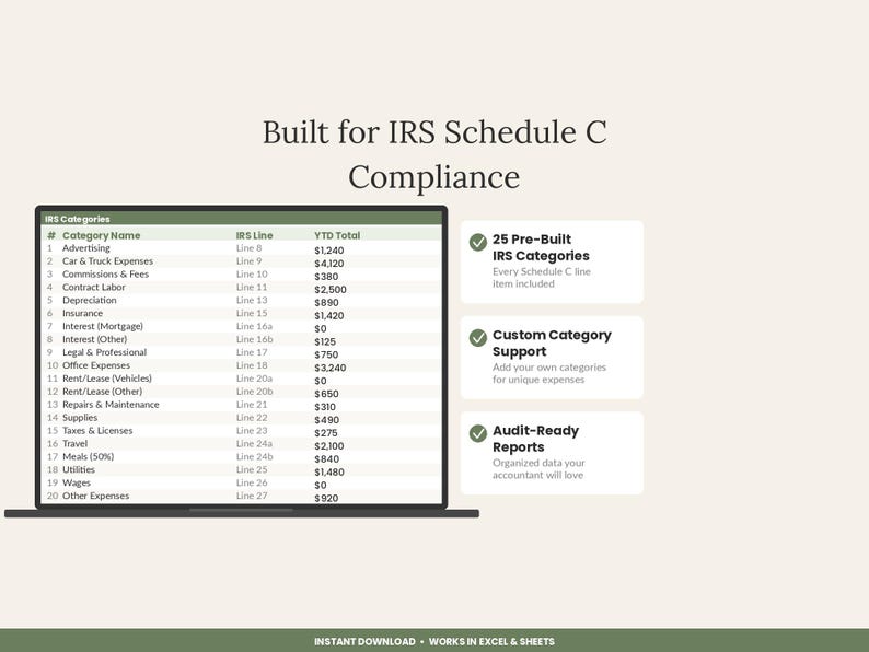 Puede incluir: Una interfaz de hoja de c&aacute;lculo digital titulada Built for IRS Schedule C Compliance, que muestra una tabla de 20 categor&iacute;as de gastos con n&uacute;meros de l&iacute;nea del IRS y totales YTD. Tres cuadros destacan 25 categor&iacute;as preestablecidas del IRS, soporte para categor&iacute;as personalizadas e informes listos para auditor&iacute;a.