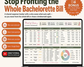 Maid of Honor Planner Spreadsheet | Bachelorette Trip Cost Split, Budget Tracker (Digital Download)