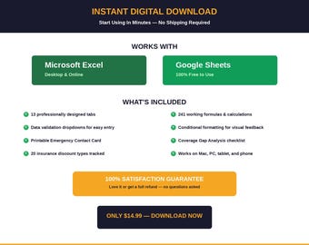 Insurance Policy Tracker Spreadsheet | Insurance Claims Tracker Excel Google Sheets | Policy Organizer Coverage Gap Deductible Premium