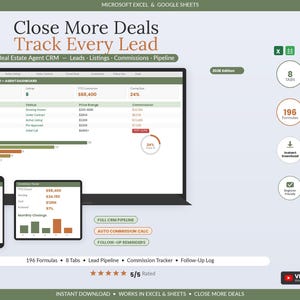 Real Estate Agent CRM & Commission Tracker Spreadsheet | Realtor Lead Deal Pipeline GCI Goal Template Excel Google Sheets