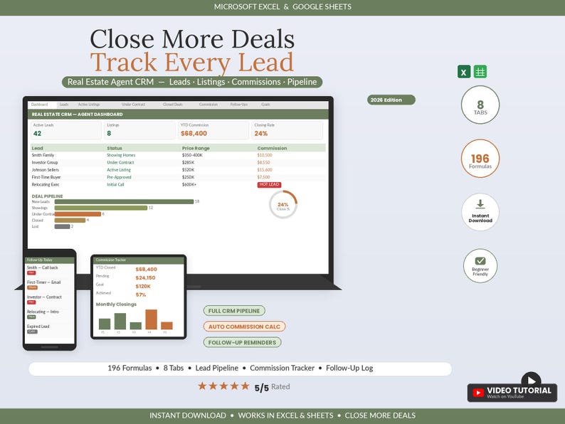 Real Estate Agent CRM Spreadsheet | Realtor Lead Pipeline, Commission Tracker (Excel, Google Sheets) image 1