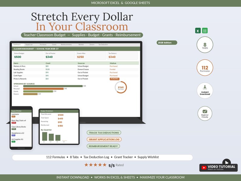 Teacher Classroom Budget Spreadsheet Template | Classroom Supply Organizer Excel Google Sheets | Teacher Expense Tracker Tax Deduction image 1
