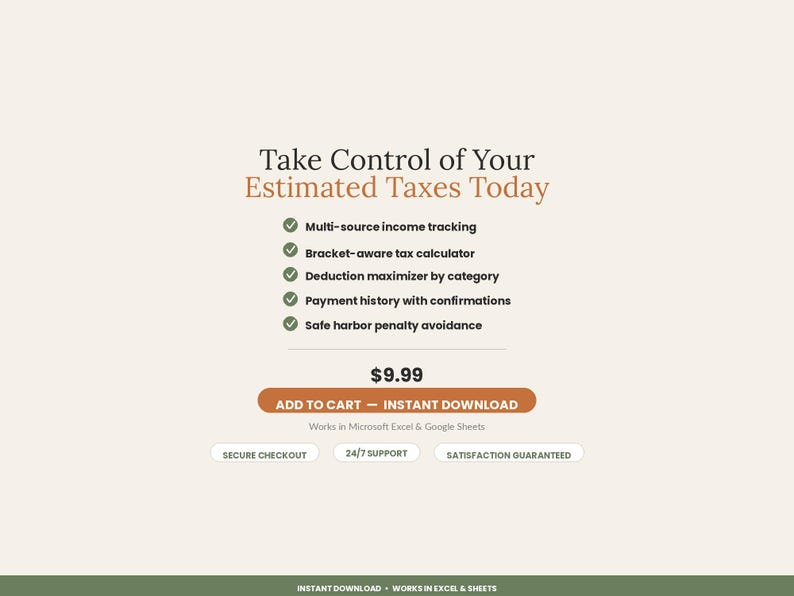 May include: A digital product interface titled Take Control of Your Estimated Taxes Today. Features include multi-source income tracking, tax calculator, deduction maximizer, payment history, and penalty avoidance. Includes a $9.99 price and Add to Cart button.