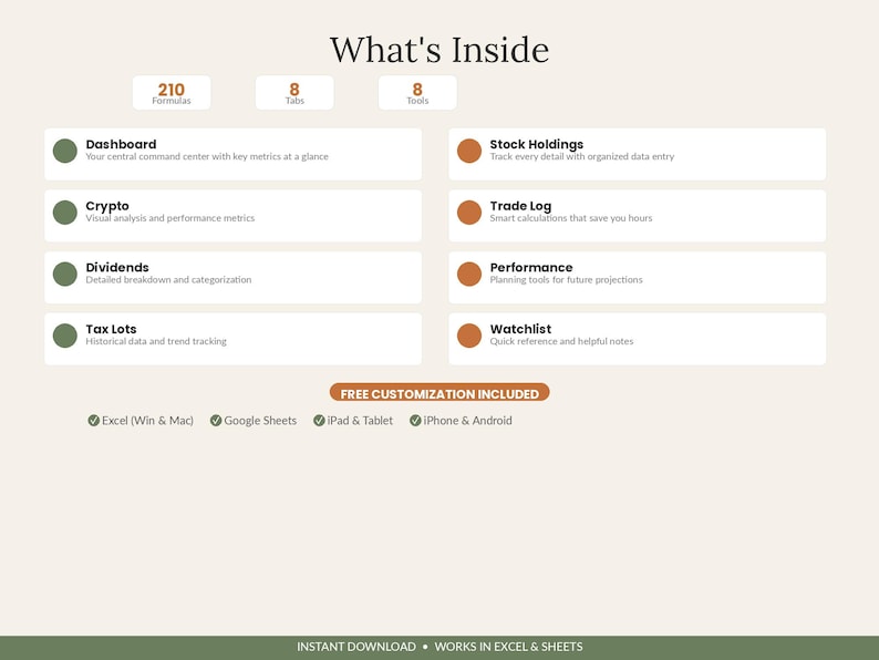 May include: A digital dashboard overview titled What's Inside, featuring 210 formulas, 8 tabs, and 8 tools. It lists categories like Dashboard, Crypto, Dividends, Tax Lots, Stock Holdings, Trade Log, Performance, and Watchlist with green and orange icons.