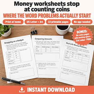 Può includere: Tre fogli di lavoro in carta bianca con problemi matematici sul denaro, intitolati Shopping on a Budget, Comparing Amounts e Real-Life Money Problems. Le pagine includono tabelle per i calcoli e riquadri vuoti per lo svolgimento.