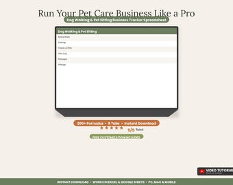 Hoja de cálculo para el seguimiento de negocios de paseos de perros y cuidado de mascotas / CRM de clientes de ingresos de cuidadores de mascotas en Excel y Google Sheets / Registro de kilometraje e impuestos 1099