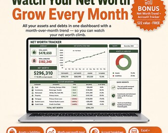Net Worth Tracker Spreadsheet 2026, Investment & Assets Liabilities Calculator | Personal Finance Dashboard for Excel, Google Sheets