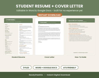 Student Resume Template Word Google Docs | Entry Level Resume & Cover Letter for First Job, No Experience, ATS Editable