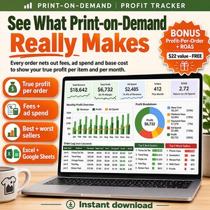 Print on Demand Profit Calculator Spreadsheet | Printify Printful Etsy POD Order Tracker Excel Google Sheets | Fee Margin ROAS Template image 1
