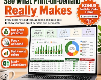 Print on Demand Profit Calculator Spreadsheet | Printify Printful Etsy POD Order Tracker Excel Google Sheets | Fee Margin ROAS Template