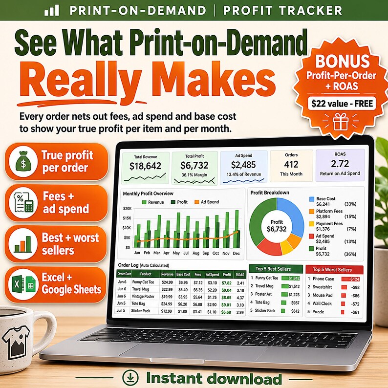 Print on Demand Profit Calculator Spreadsheet | Printify Printful Etsy POD Order Tracker Excel Google Sheets | Fee Margin ROAS Template image 1