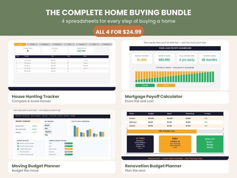 Home Buying Bundle | House Hunting, Mortgage, Moving & Renovation Budget Spreadsheets | Excel, Google Sheets | First Time Buyer image 1