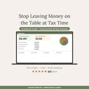 Puede incluir: Un panel digital de seguimiento de deducciones fiscales en la pantalla de un port&aacute;til. La interfaz muestra deducciones totales de 12.487 $, ahorros fiscales estimados de 3.122 $, un gr&aacute;fico circular y categor&iacute;as de gastos detalladas.