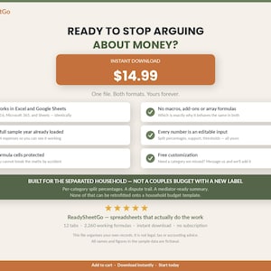 May include: A digital product advertisement for ReadySheetGo featuring the text READY TO STOP ARGUING ABOUT MONEY? with an instant download price of $14.99. The layout includes six feature bullet points, a green banner, and five-star rating icons.