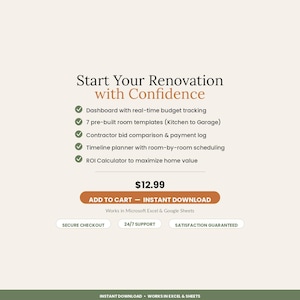 May include: A digital renovation planner template featuring the text Start Your Renovation with Confidence, a dashboard with budget tracking, seven room templates, contractor bid comparison, a timeline planner, and an ROI calculator for Excel and Sheets.