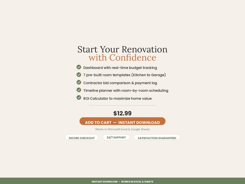 May include: A digital renovation planner template featuring the text Start Your Renovation with Confidence, a dashboard with budget tracking, seven room templates, contractor bid comparison, a timeline planner, and an ROI calculator for Excel and Sheets.