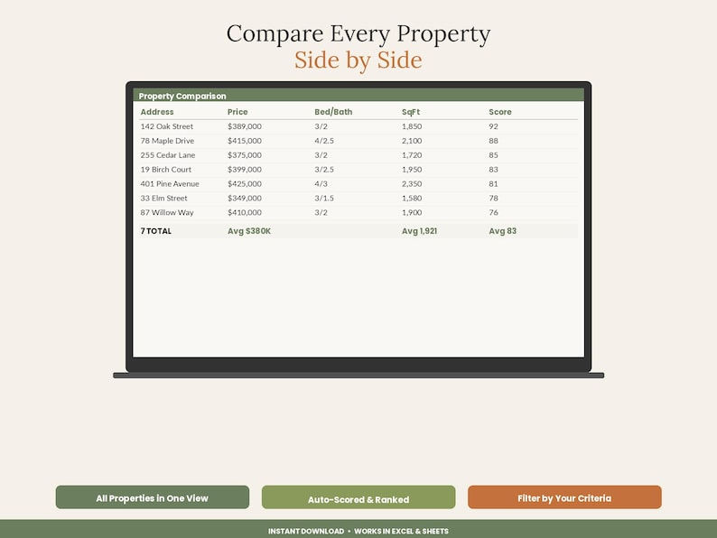 以下が含まれることがあります： Compare Every Property Side by Sideというタイトルの不動産比較表が画面に表示されています。表には、住所、価格、ベッドルームとバスルームの数、平方フィート、スコアが記載されており、各物件のデータが一覧で確認できるようになっています。