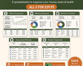 Retirement & Money Bundle | Roth Conversion, Medical Expense, Portfolio, Insurance, Estate Organizer Trackers | Excel Google Sheets