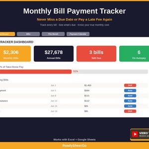Monthly Bill Payment Tracker Spreadsheet Excel | Bill Organizer & Due Date Calendar Google Sheets | Household Budget Bill Planner image 1