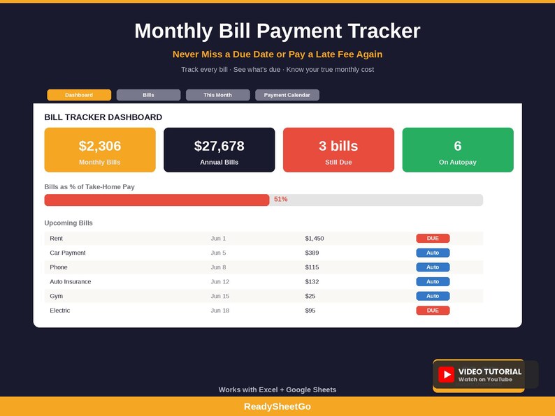 Monthly Bill Payment Tracker Spreadsheet Excel | Bill Organizer & Due Date Calendar Google Sheets | Household Budget Bill Planner image 1