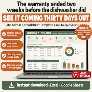 May include: A laptop screen displaying a Household Life Admin spreadsheet template for Excel and Google Sheets. The dashboard features warranty expiration tracking, maintenance schedules, and data charts for tracking household items and appliance deadlines.