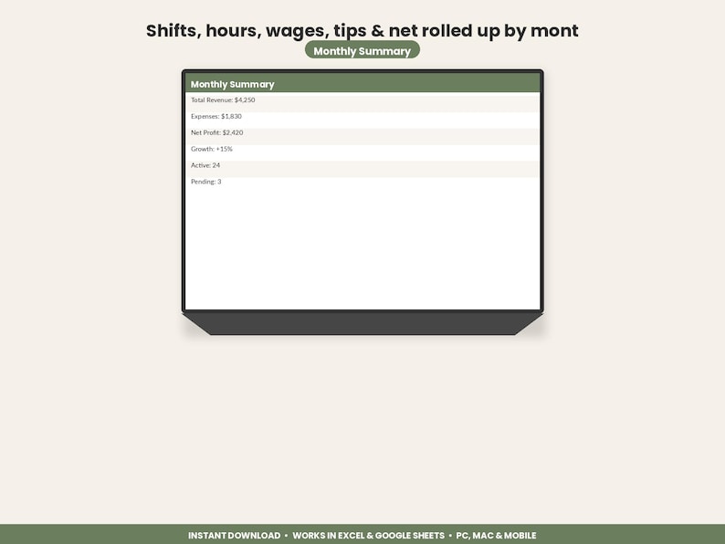 Hoja de cálculo para el seguimiento de propinas de camareros y bartenders / Registro de ingresos por propinas en Excel y Google Sheets / Seguimiento de turnos y reserva de impuestos para el personal de servicio imagen 5