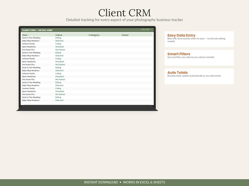写真ビジネストラッカー｜顧客CRM、セッションカレンダー、請求書テンプレート（Excel/Googleスプレッドシート） 画像 4