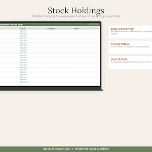 May include: A digital spreadsheet template for stock and crypto portfolio tracking titled Stock Holdings. It features a detail view table with columns for item, value, category, and notes, alongside text boxes for Easy Data Entry, Smart Filters, and Auto Totals.