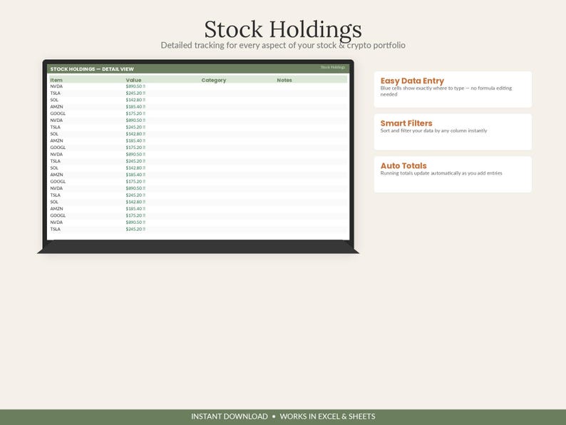 May include: A digital spreadsheet template for stock and crypto portfolio tracking titled Stock Holdings. It features a detail view table with columns for item, value, category, and notes, alongside text boxes for Easy Data Entry, Smart Filters, and Auto Totals.
