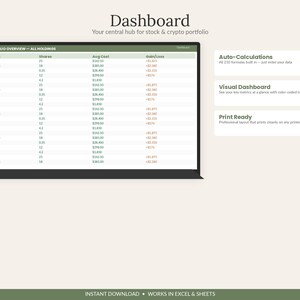May include: A digital dashboard template for stock and crypto portfolios featuring a portfolio overview table with columns for holdings, shares, average cost, and gain/loss. Includes text labels for auto-calculations, visual dashboard, and print ready.