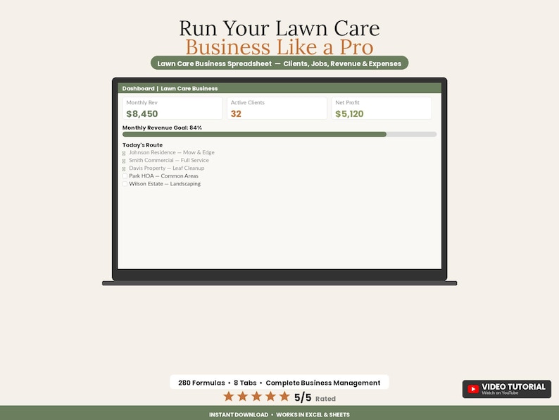 Lawn Care Business Spreadsheet Template | Landscaping Client Route Invoice Tracker Excel Google Sheets image 1
