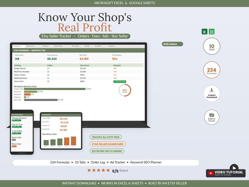 Etsy Seller Profit Tracker | Excel Google Sheets Bookkeeping (Digital Download) image 1