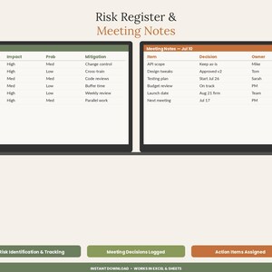 May include: A digital template titled Risk Register & Meeting Notes featuring two tables. The Risk Register table lists risks, impact, probability, and mitigation. The Meeting Notes table tracks items, decisions, and owners. Three buttons are below.