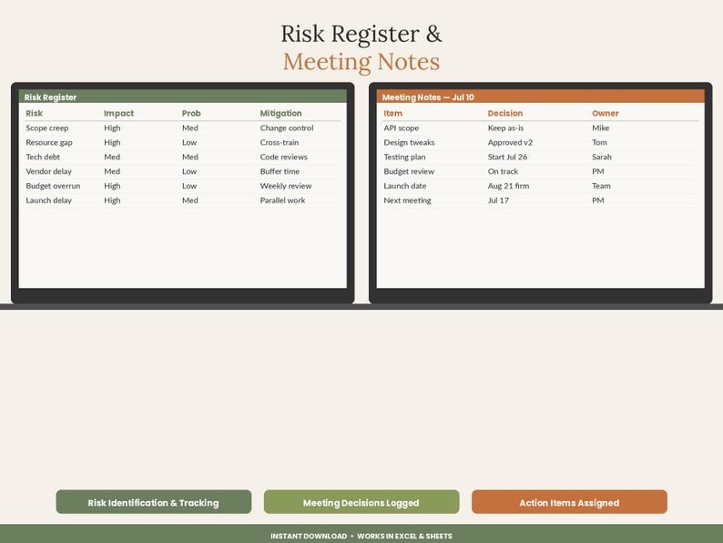 May include: A digital template titled Risk Register & Meeting Notes featuring two tables. The Risk Register table lists risks, impact, probability, and mitigation. The Meeting Notes table tracks items, decisions, and owners. Three buttons are below.