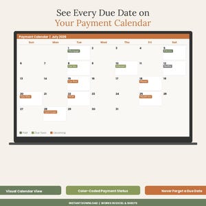 May include: A digital payment calendar for July 2026 displayed on a laptop screen. The calendar features color-coded entries for various expenses like Mortgage, Car Ins, Internet, Netflix, Phone, Gas/Elec, HOA, Health Ins, and Gym Loan with a legend.