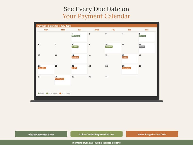 May include: A digital payment calendar for July 2026 displayed on a laptop screen. The calendar features color-coded entries for various expenses like Mortgage, Car Ins, Internet, Netflix, Phone, Gas/Elec, HOA, Health Ins, and Gym Loan with a legend.