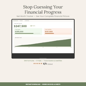 Peut inclure: Une interface num&eacute;rique de suivi de la valeur nette affich&eacute;e sur un &eacute;cran avec le texte Stop Guessing Your Financial Progress. Le tableau de bord indique une valeur nette totale de 247 500 $, des actifs de 385 000 $, des passifs de 137 500 $.